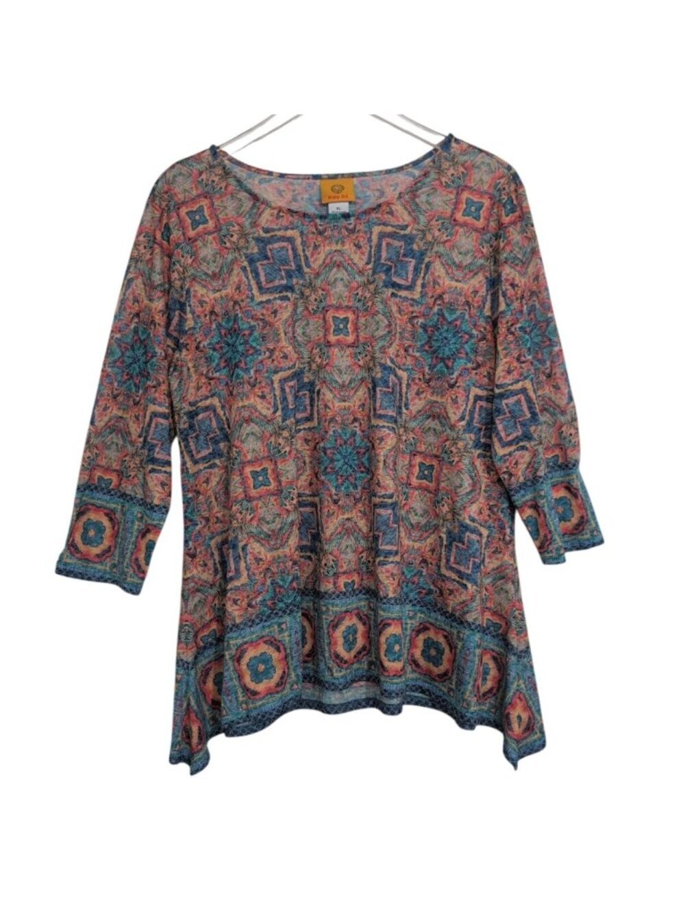 Ruby Rd Floral Mosaic Shirt Womens Size XL Blue Pink Boho Festival Sharkbite Hem